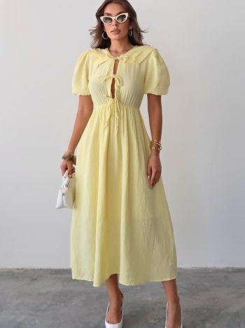 Muslin Dress with Lace-Up Detail and Drawstring Waist in Yellow 9362-E