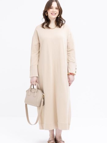 Beige Cuff Thick Ribbed Button Detail Dress