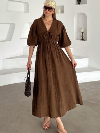 Coffee 9331-E Elastic Drawstring Detail Half-Sleeve Muslin Dress