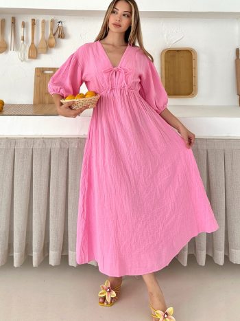 Pink 9331-E Half-Sleeve Muslin Dress with Elastic Lacing Detail