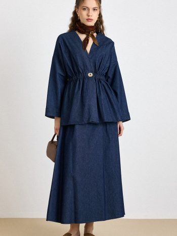 Beli Lastikli Taşlı Çıt Çıtlı Ceket Etek Denim Takım LACİVERT 9445-TK