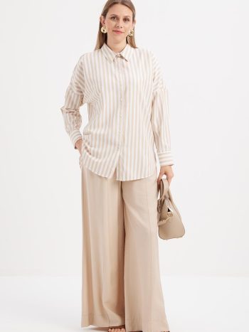 Beyaz-Bej Oversize Temel Gömlek