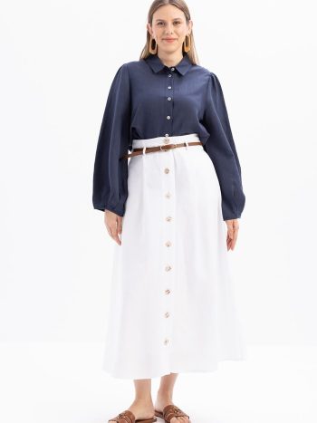 White Pleated Belted Flare Skirt