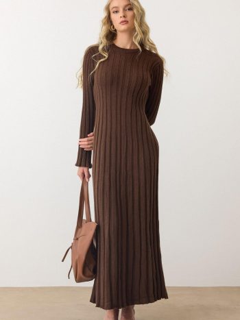 Turtle Neck Thick Ribbed Long Knit Dress COFFEE 9363-E