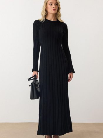 Black Ribbed Thick Knit Turtleneck Long Dress 9363-E
