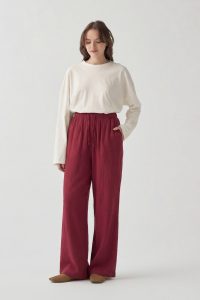 Bordo-Beli Lastikli Müslin Pantolon