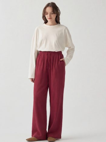 Bordo-Beli Lastikli Müslin Pantolon