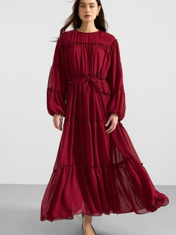 Gathered Detail Chiffon Dress BORDO 9416-E