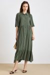 Pleated Detail Half-Sleeve Soft Dress KHAKI 9418-E