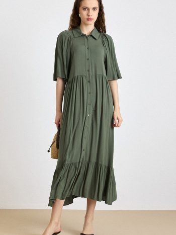 Pleated Detail Half-Sleeve Soft Dress KHAKI 9418-E