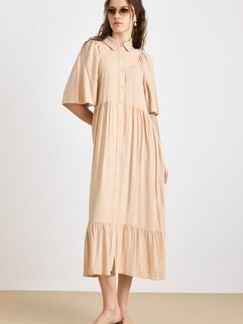 Gather Detail Half Sleeve Soft Dress SALMON 9418-E