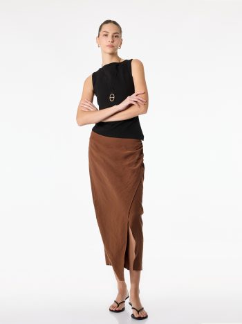 Pleated Slit Detail Wrap Midi Skirt