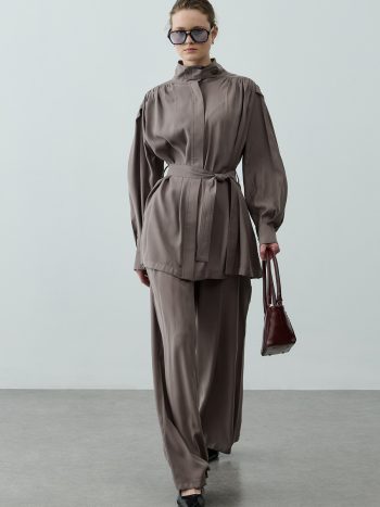 Stand Collar Gather Set Viscose