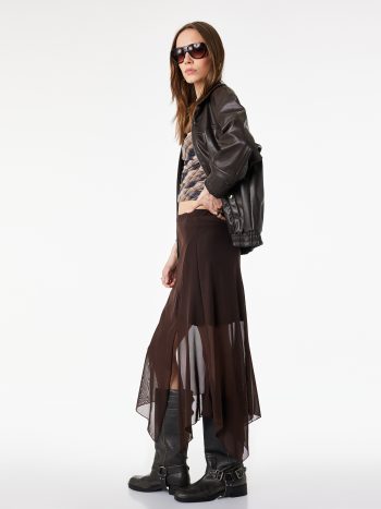 Asymmetric Cut Slit Detail Tulle Midi Skirt