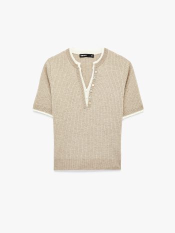 Button-Detail Viscose Knit Sweater with Short Sleeves and Double Collar