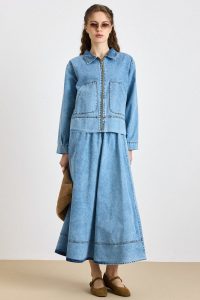 Zipper Closure Jacket Skirt Denim Set BLUE 9447-TK