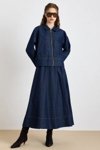 Zipper Closure Jacket Skirt Denim Set NAVY 9447-TK