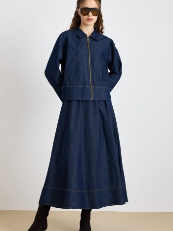 Zipper Closure Jacket Skirt Denim Set NAVY 9447-TK