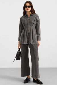 Zipper and Dart Detail Jacket Pants Denim Two-Piece Set GRAY 9396-TK