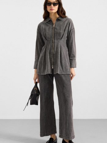 Zipper and Dart Detail Jacket Pants Denim Two-Piece Set GRAY 9396-TK