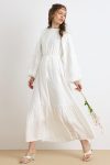 White Puff-Sleeve Cotton Dress with Fishtail Detail BEYAZ 9427-E