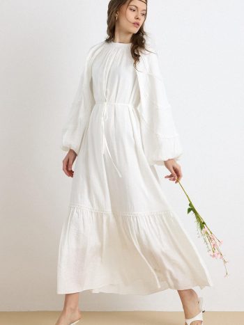 White Puff-Sleeve Cotton Dress with Fishtail Detail BEYAZ 9427-E