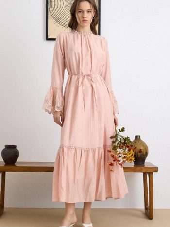 PUDRA 9429-E Lace-Trimmed Dress with Fisted Detail Sleeves