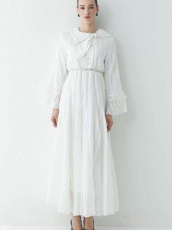 Bow Detail Striped Lined Dress - Ecru