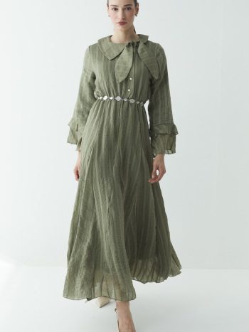 Bow Detail Striped Lined Dress - Khaki