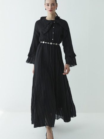 Fiyonk Detay Çizgili Astarlı Elbise - Siyah