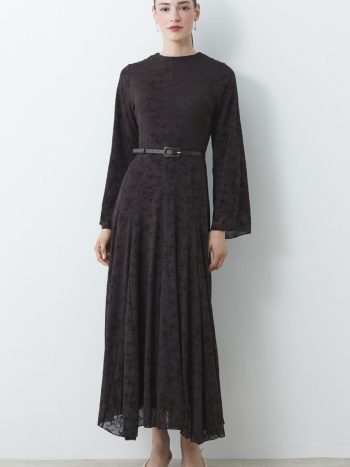 Flock Print Pattern Tulle Dress - Coffee