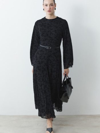 Flock Print Tulle Dress - Black