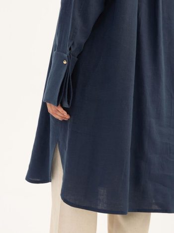 Navy Blue 100% Linen Tunic with Wide Cuffs