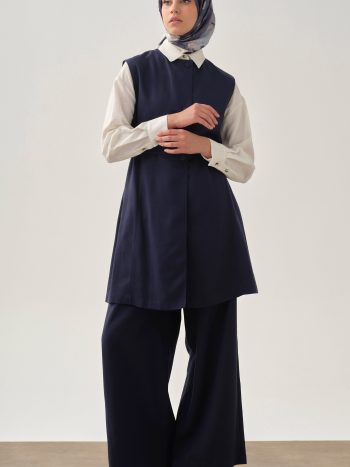 Pleated Detail Trousers with Hidden Pockets - Navy Blue