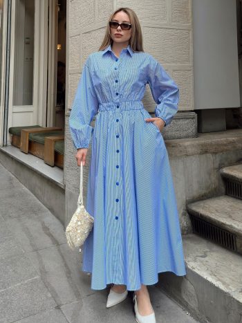 Blue-White Poplin Dress with Chest Pocket and Elastic Waist 9286-E