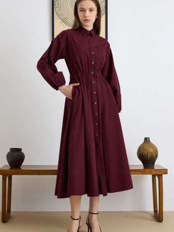 Burgundy Poplin Dress with Chest Pocket and Elastic Waist BORDO 9286-E