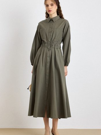 Göğüs Cepli Beli Lastikli Poplin Elbise HAKİ 9286-E