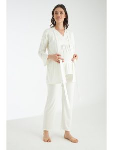 Beyaz  Dantel Detaylı 3lü Sabahlıklı Hamile Ve Lohusa Pijama Takımı