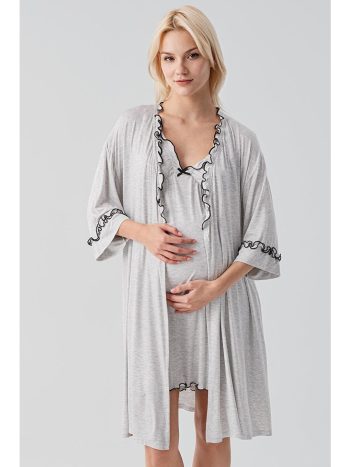 Gray Strappy Short Stretchy Elastane Viscose Soft Maternity Robe Nightwear Set 19400