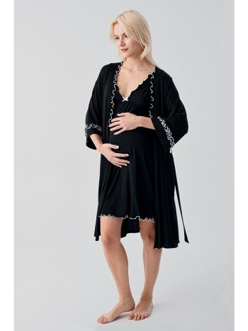 Black Strappy Short Stretchy Elastane Viscose Soft Maternity Robe Nightwear Set 19400