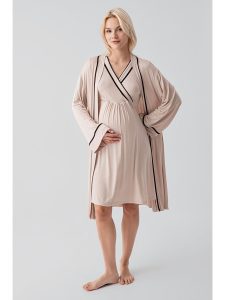 Beige Short Sleeve Nursing Panel Stretchy Elastane Viscose Soft Maternity Nightgown and Robe Set 19417