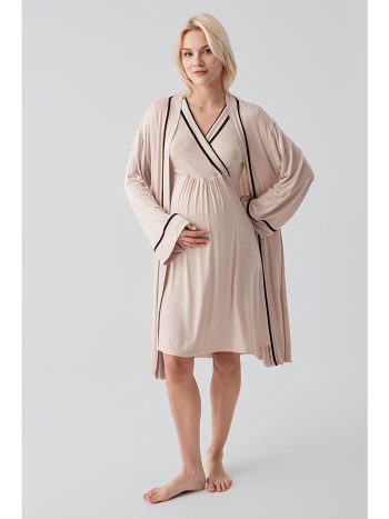 Beige Short Sleeve Nursing Panel Stretchy Elastane Viscose Soft Maternity Nightgown and Robe Set 19417