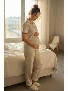 Bej Pure Comfort Önden Düğmeli Gömlek Yaka Çizgili Kısa Kol Hamile ve Lohusa Pijama Takımı