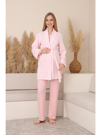 Pembe Çizgili Sabahlıklı Emzirmeye Uygun Hamile ve Lohusa Pijama Takımı