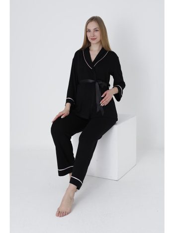 Black - Pink Front-Tie Wide Stripe Collar Maternity and Postpartum Pajama Set