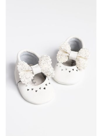 White Beaded Ribbon Leather Baby Girl Moccasin