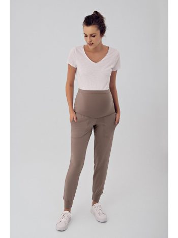 Beige Women's High-Waist Pocket Maternity Jogger Pants E02