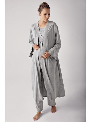 Gray Women's Long Sleeve Flexible Cotton Maternity Nightgown Pajama Set 13300