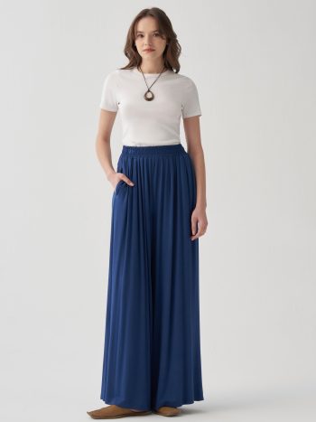 Indigo Blue Elastic Waist Wide-Leg Trousers