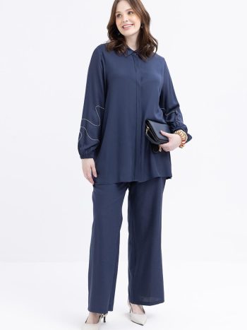 Indigo-Chain Embroidered Cuff Elastic Shirt Tunic